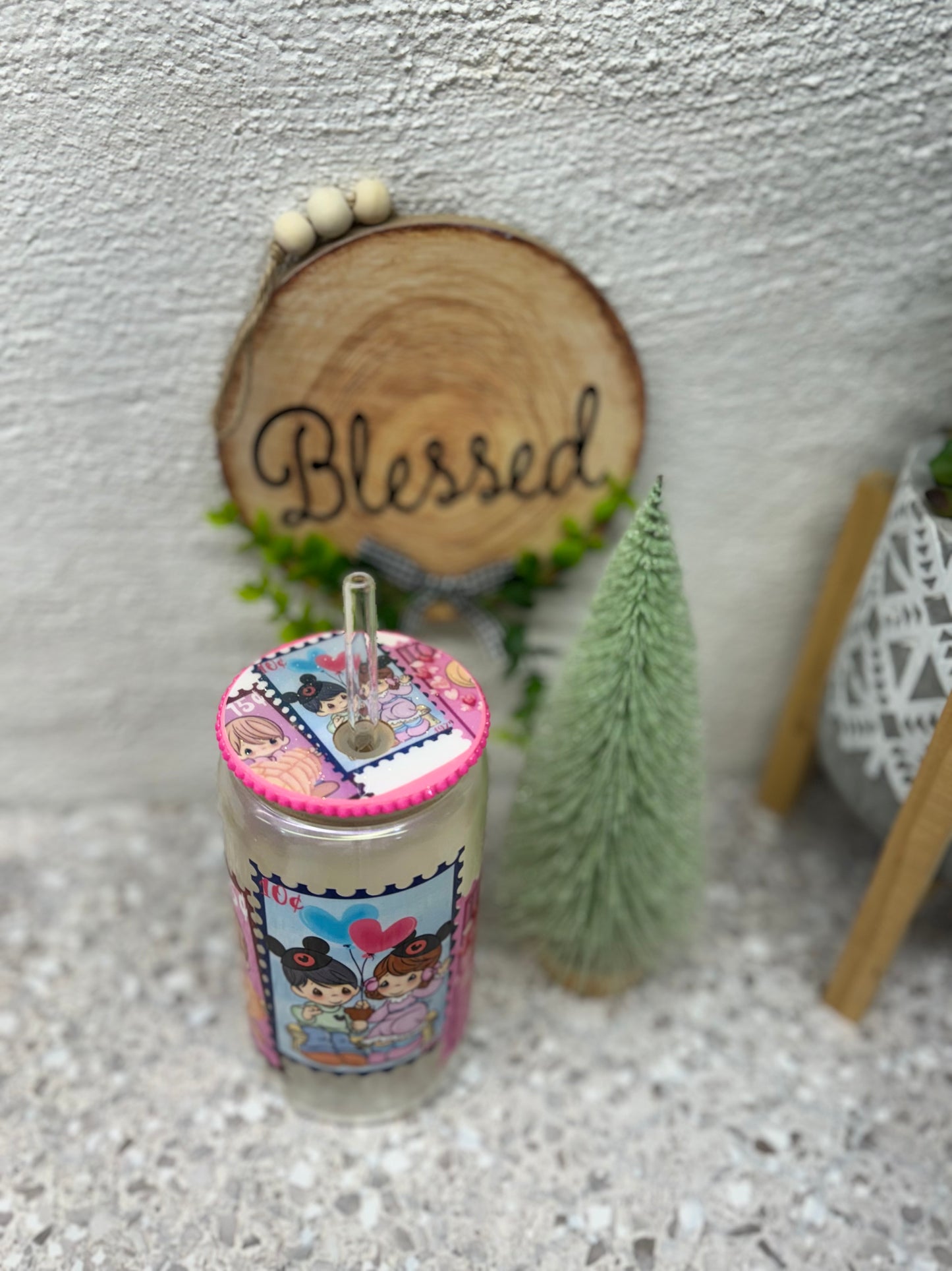 16oz Precious moments Iridescent Glass Cup