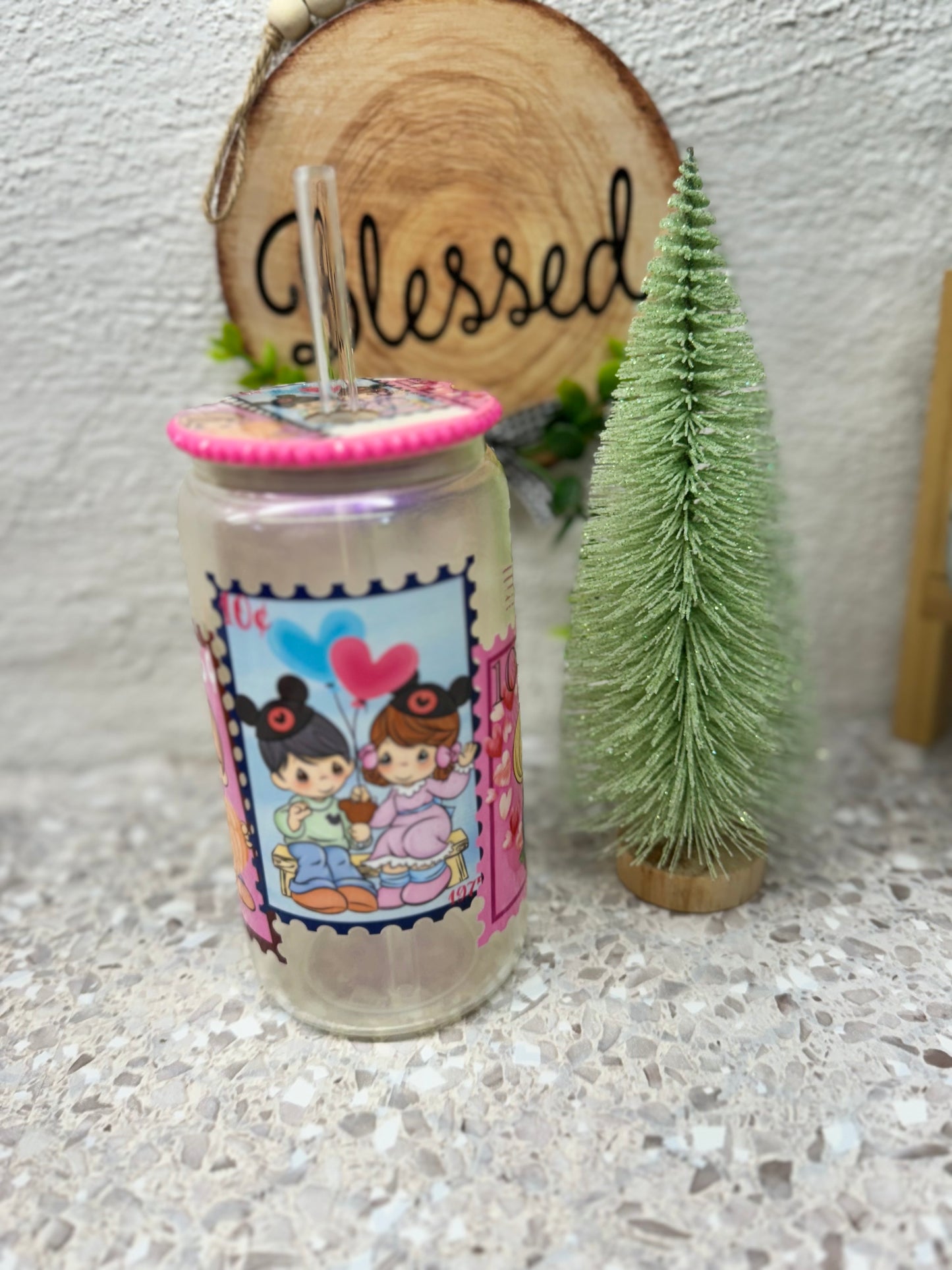 16oz Precious moments Iridescent  Glass Cup